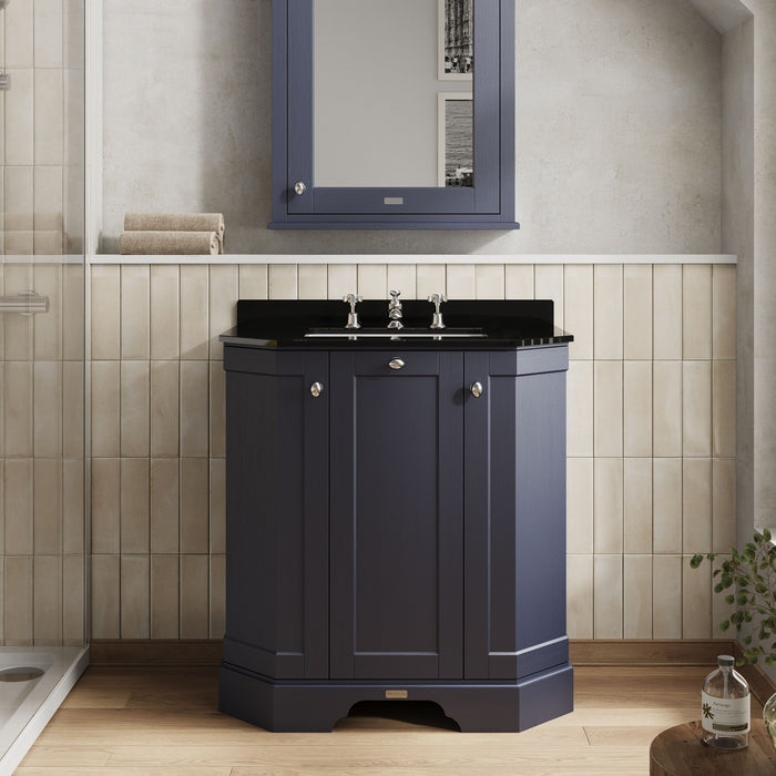 Old London 750mm Twilight Blue 3 Door Floor Standing Angled Vanity Unit With 3 Tap Holes Marble Basin