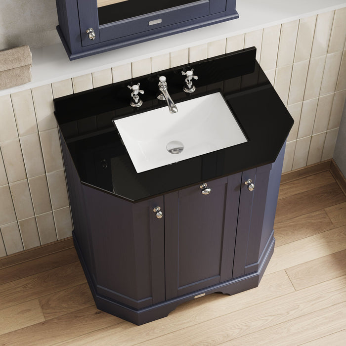 Old London 750mm Twilight Blue 3 Door Floor Standing Angled Vanity Unit With 3 Tap Holes Marble Basin