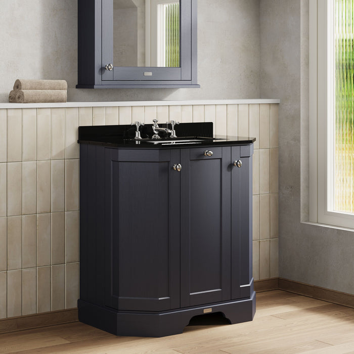 Old London 750mm Twilight Blue 3 Door Floor Standing Angled Vanity Unit With 3 Tap Holes Marble Basin