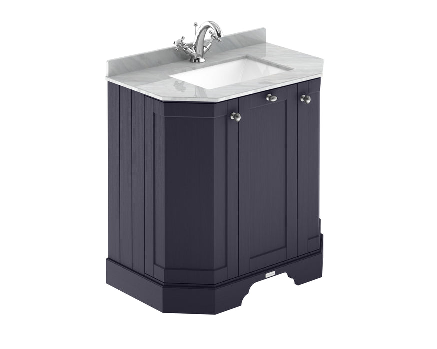 Old London 750mm Twilight Blue 3 Door Floor Standing Angled Vanity Unit With 1 Tap Hole Marble Basin