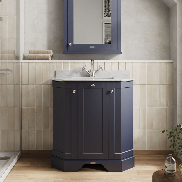 Old London 750mm Twilight Blue 3 Door Floor Standing Angled Vanity Unit With 1 Tap Hole Marble Basin