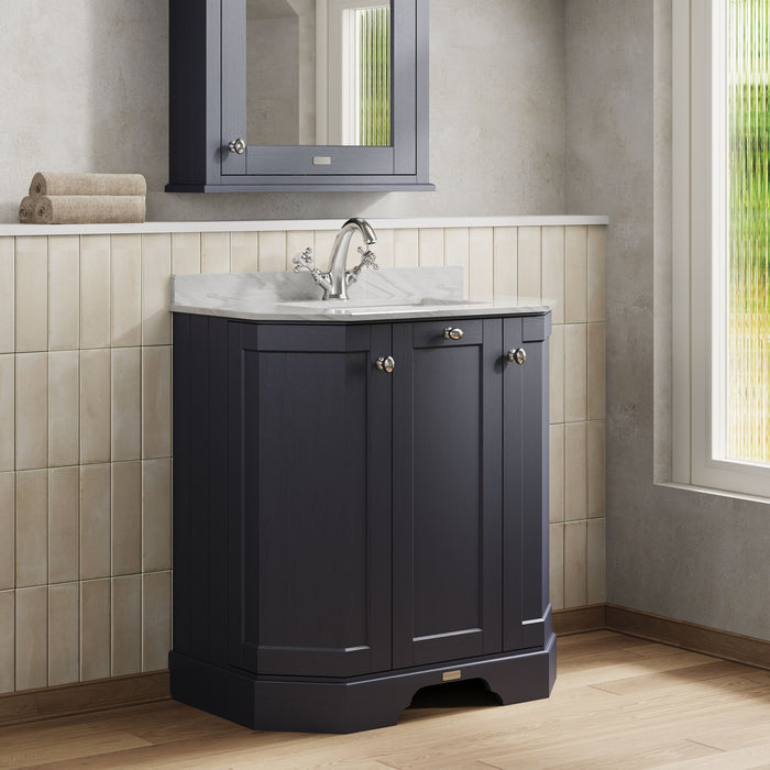 Old London 750mm Twilight Blue 3 Door Floor Standing Angled Vanity Unit With 1 Tap Hole Marble Basin