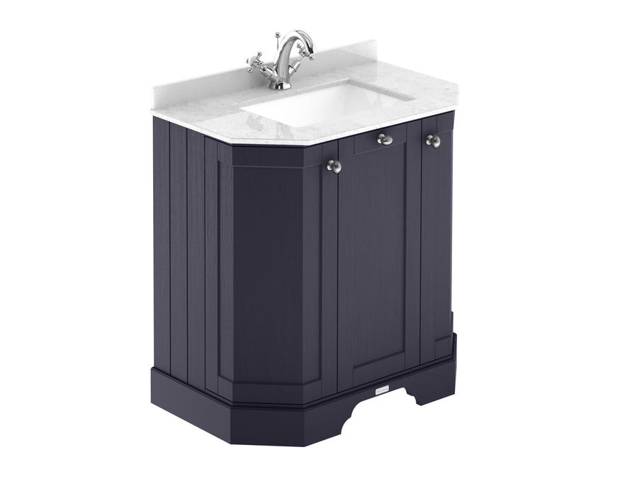 Old London 750mm Twilight Blue 3 Door Floor Standing Angled Vanity Unit With 1 Tap Hole Marble Basin