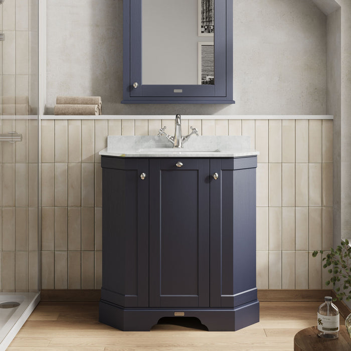 Old London 750mm Twilight Blue 3 Door Floor Standing Angled Vanity Unit With 1 Tap Hole Marble Basin