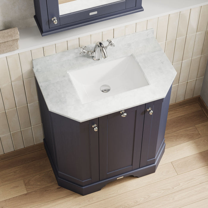 Old London 750mm Twilight Blue 3 Door Floor Standing Angled Vanity Unit With 1 Tap Hole Marble Basin