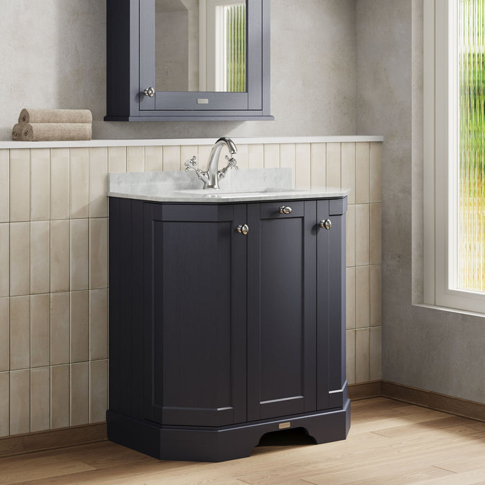 Old London 750mm Twilight Blue 3 Door Floor Standing Angled Vanity Unit With 1 Tap Hole Marble Basin