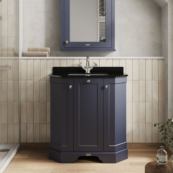 Old London 750mm Twilight Blue 3 Door Floor Standing Angled Vanity Unit With 1 Tap Hole Marble Basin