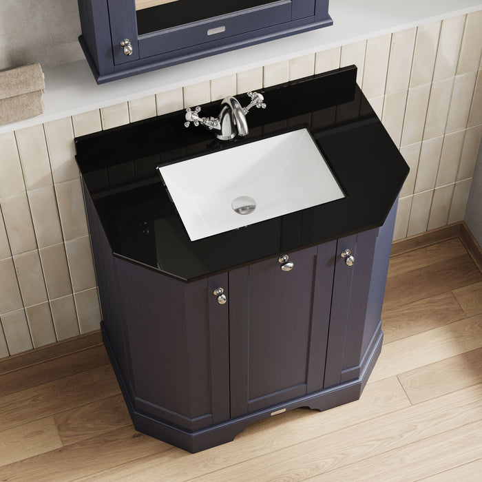Old London 750mm Twilight Blue 3 Door Floor Standing Angled Vanity Unit With 1 Tap Hole Marble Basin