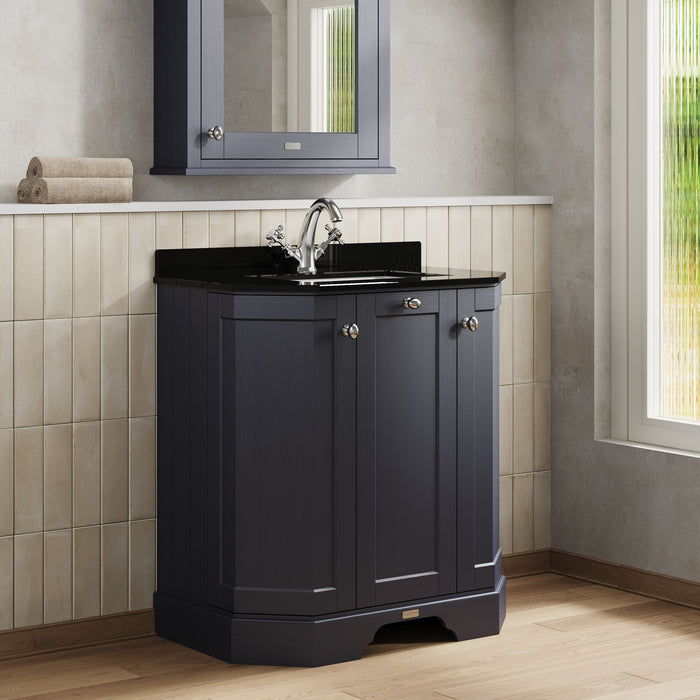 Old London 750mm Twilight Blue 3 Door Floor Standing Angled Vanity Unit With 1 Tap Hole Marble Basin