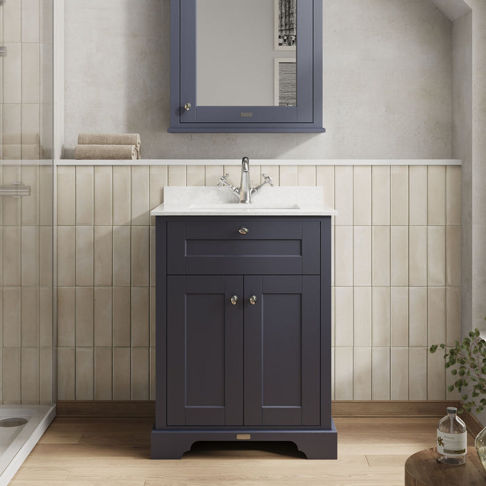 Old London 600mm Twilight Blue 2 Door Floor Standing Cabinet With 1 Tap Hole Marble Basin