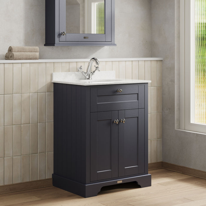 Old London 600mm Twilight Blue 2 Door Floor Standing Cabinet With 1 Tap Hole Marble Basin