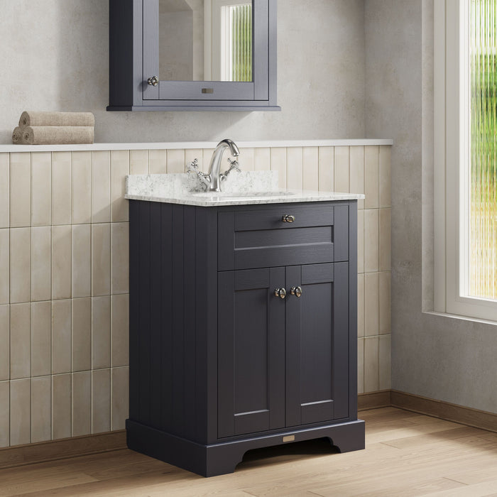 Old London 600mm Twilight Blue 2 Door Floor Standing Cabinet With 1 Tap Hole Marble Basin