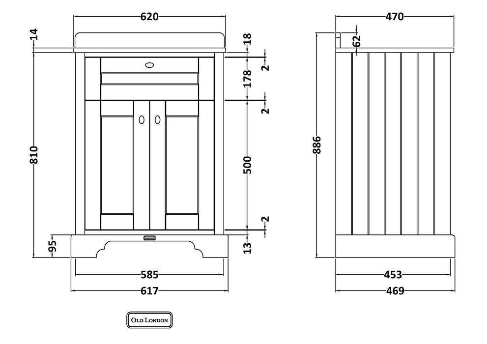 Old London 600mm Twilight Blue 2 Door Floor Standing Cabinet With 3 Tap Holes Marble Basin