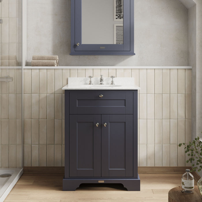 Old London 600mm Twilight Blue 2 Door Floor Standing Cabinet With 3 Tap Holes Marble Basin