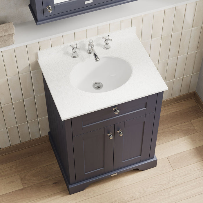 Old London 600mm Twilight Blue 2 Door Floor Standing Cabinet With 3 Tap Holes Marble Basin