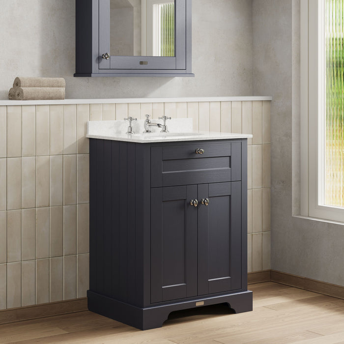 Old London 600mm Twilight Blue 2 Door Floor Standing Cabinet With 3 Tap Holes Marble Basin