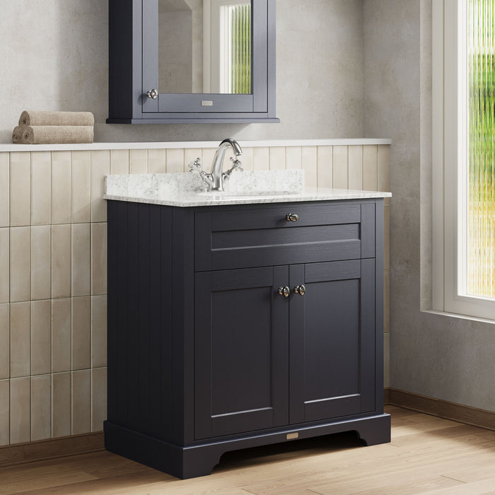 Old London 800mm Twilight Blue 2 Door Floor Standing Cabinet With 1 Tap Hole Marble Basin