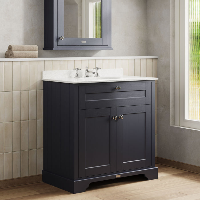 Old London 800mm Twilight Blue 2 Door Floor Standing Cabinet With 3 Tap Holes Marble Basin