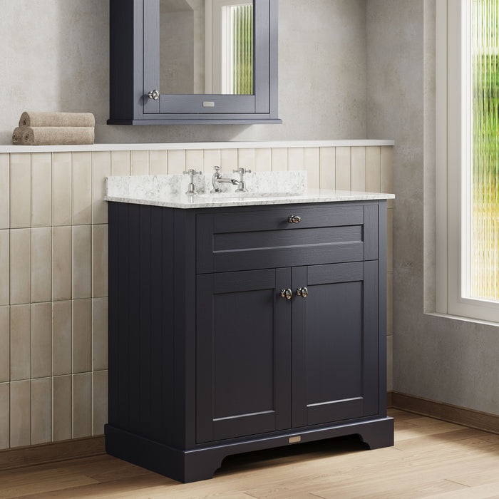 Old London 800mm Twilight Blue 2 Door Floor Standing Cabinet With 3 Tap Holes Marble Basin