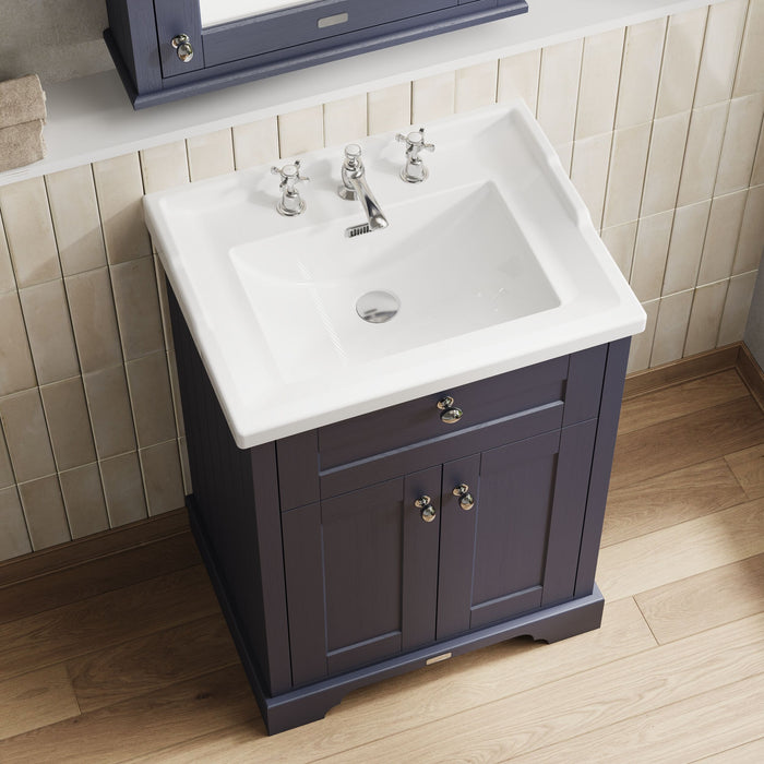 Old London 600mm Twilight Blue 2 Door Floor Standing Cabinet With 3 Tap Holes Basin