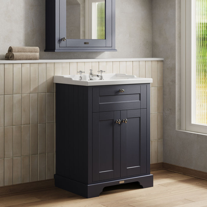 Old London 600mm Twilight Blue 2 Door Floor Standing Cabinet With 3 Tap Holes Basin