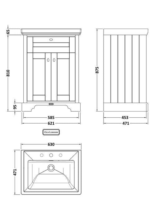 Old London 600mm Twilight Blue 2 Door Floor Standing Vanity Unit With 3 Tap Holes Basin