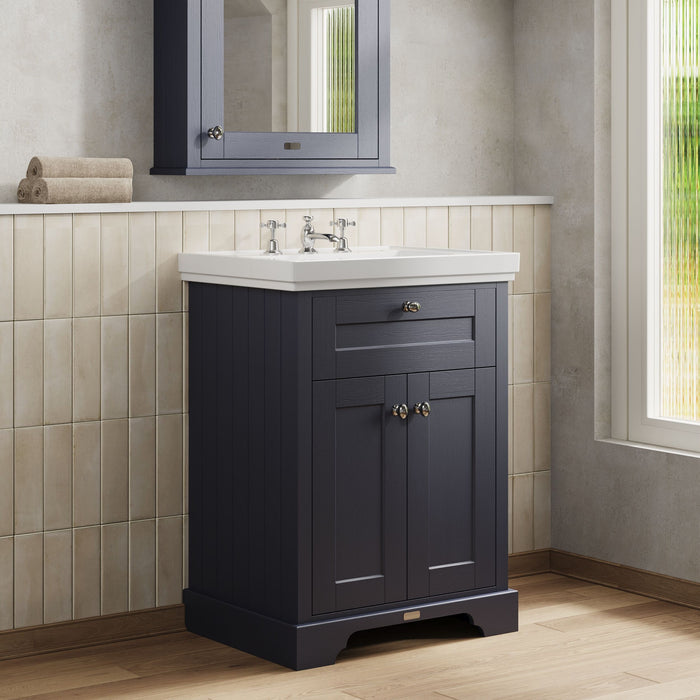 Old London 600mm Twilight Blue 2 Door Floor Standing Vanity Unit With 3 Tap Holes Basin