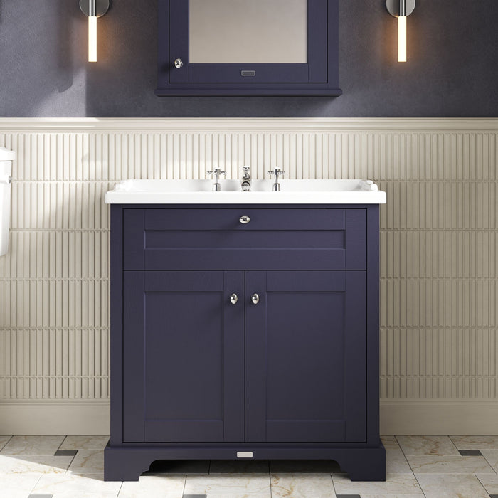 Old London 800mm Twilight Blue 2 Door Floor Standing Cabinet With 3 Tap Holes Basin