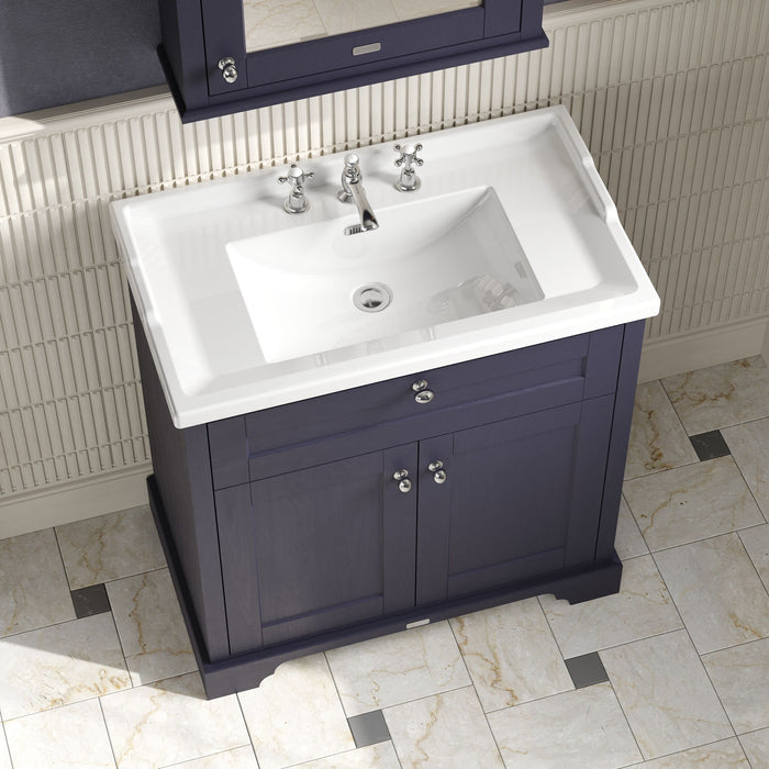 Old London 800mm Twilight Blue 2 Door Floor Standing Cabinet With 3 Tap Holes Basin