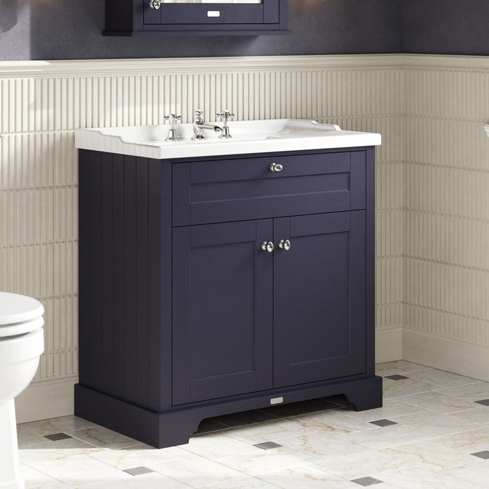 Old London 800mm Twilight Blue 2 Door Floor Standing Cabinet With 3 Tap Holes Basin