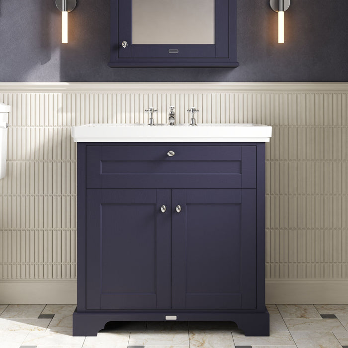 Old London 800mm Twilight Blue 2 Door Floor Standing Vanity Unit With 3 Tap Holes Basin