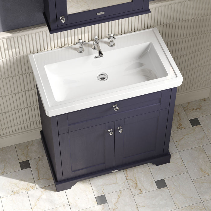 Old London 800mm Twilight Blue 2 Door Floor Standing Vanity Unit With 3 Tap Holes Basin