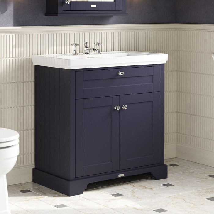 Old London 800mm Twilight Blue 2 Door Floor Standing Vanity Unit With 3 Tap Holes Basin