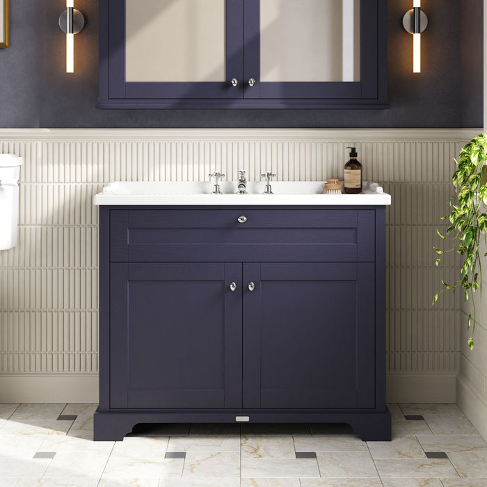 Old London 1000mm Twilight Blue 2 Door Floor Standing Cabinet With 3 Tap Holes Basin
