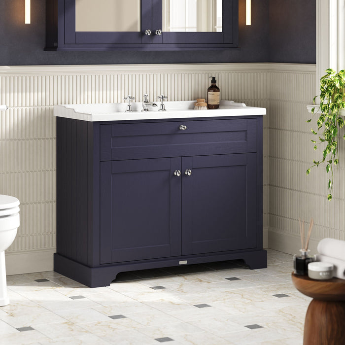 Old London 1000mm Twilight Blue 2 Door Floor Standing Cabinet With 3 Tap Holes Basin