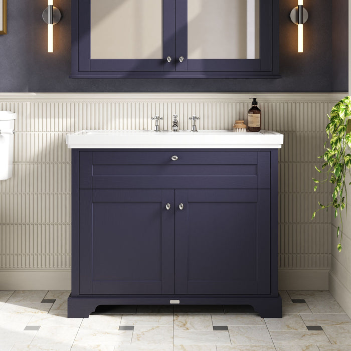 Old London 1000mm Twilight Blue 2 Door Floor Standing Vanity Unit With 3 Tap Holes Fireclay Basin