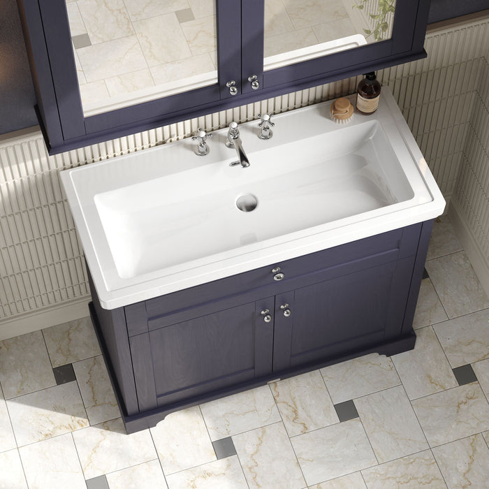 Old London 1000mm Twilight Blue 2 Door Floor Standing Vanity Unit With 3 Tap Holes Fireclay Basin