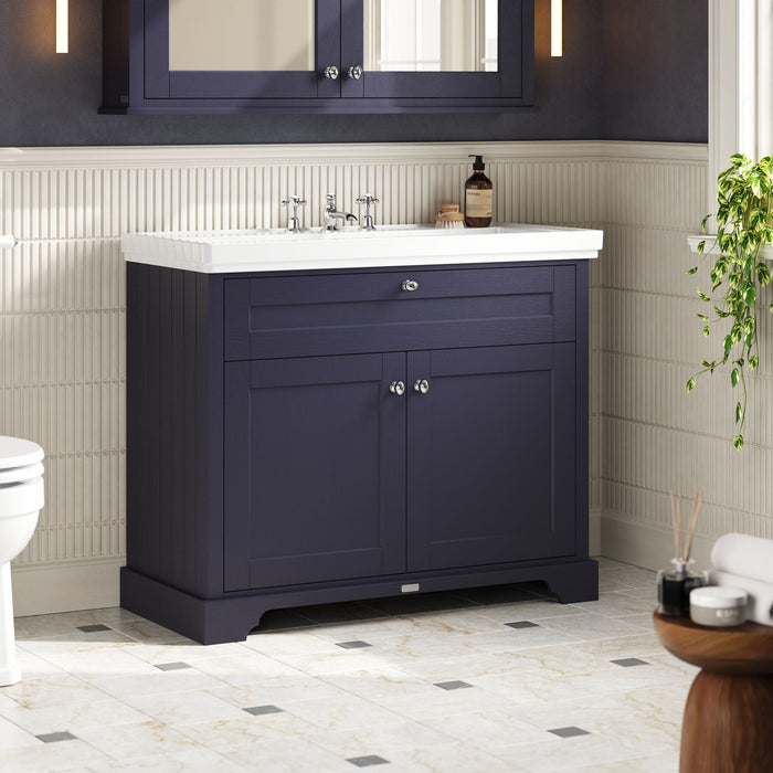 Old London 1000mm Twilight Blue 2 Door Floor Standing Vanity Unit With 3 Tap Holes Fireclay Basin