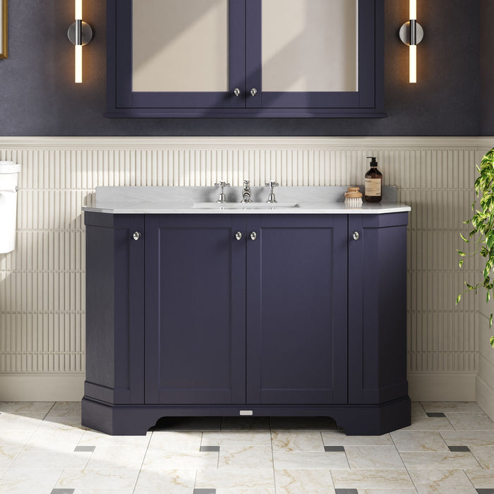 Old London 1200mm Twilight Blue 4 Door Floor Standing Angled Vanity Unit With 3 Tap Holes Grey Marble Basin