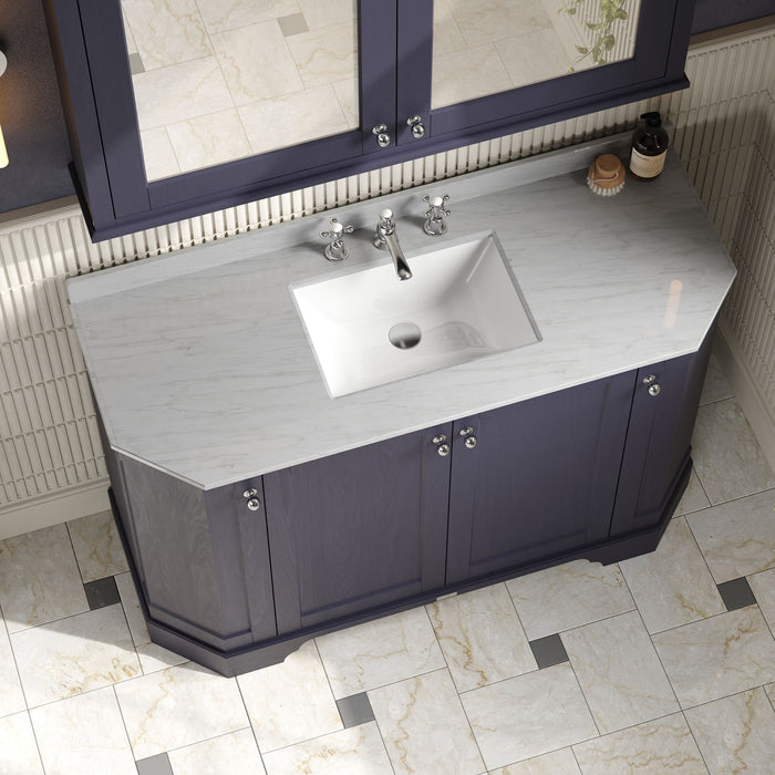 Old London 1200mm Twilight Blue 4 Door Floor Standing Angled Vanity Unit With 3 Tap Holes Grey Marble Basin