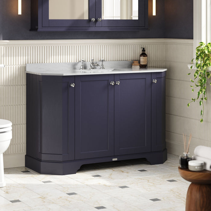 Old London 1200mm Twilight Blue 4 Door Floor Standing Angled Vanity Unit With 3 Tap Holes Grey Marble Basin