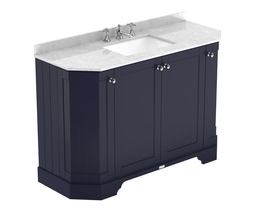 Old London 1200mm Twilight Blue 4 Door Floor Standing Angled Vanity Unit With 3 Tap Holes White Marble Basin