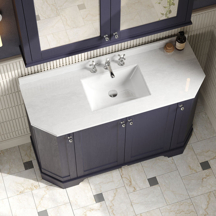 Old London 1200mm Twilight Blue 4 Door Floor Standing Angled Vanity Unit With 3 Tap Holes White Marble Basin