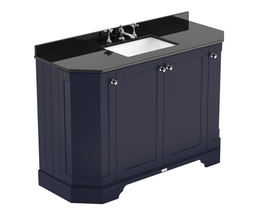 Old London 1200mm Twilight Blue 4 Door Floor Standing Angled Vanity Unit With 3 Tap Holes Black Marble Basin