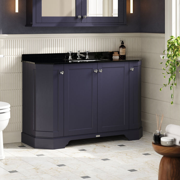 Old London 1200mm Twilight Blue 4 Door Floor Standing Angled Vanity Unit With 3 Tap Holes Black Marble Basin