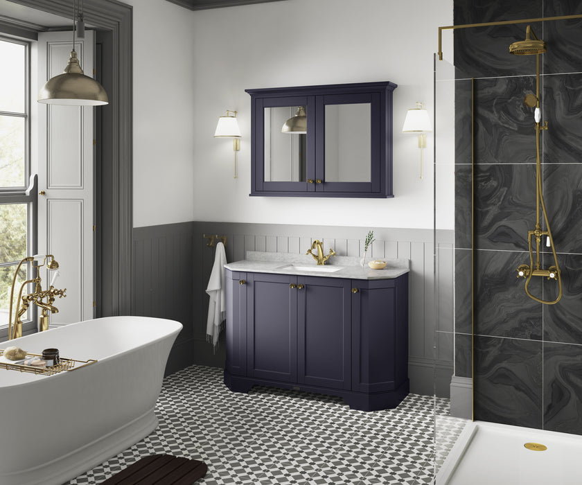 Old London 1200mm Twilight Blue 4 Door Floor Standing Angled Vanity Unit With 1 Tap Hole Grey Marble Basin