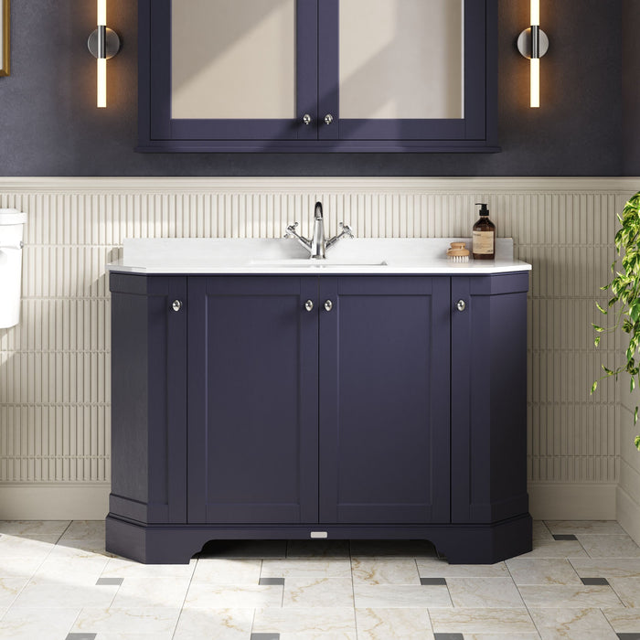 Old London 1200mm Twilight Blue 4 Door Floor Standing Angled Vanity Unit With 1 Tap Hole White Marble Basin
