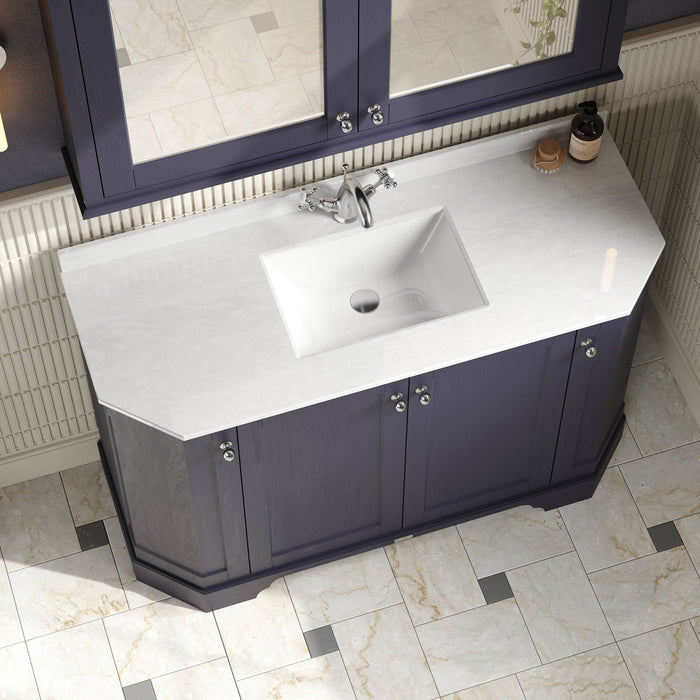 Old London 1200mm Twilight Blue 4 Door Floor Standing Angled Vanity Unit With 1 Tap Hole White Marble Basin
