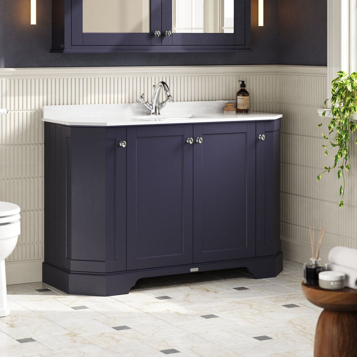 Old London 1200mm Twilight Blue 4 Door Floor Standing Angled Vanity Unit With 1 Tap Hole White Marble Basin