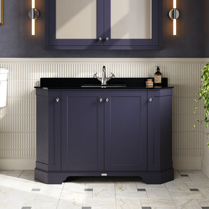 Old London 1200mm Twilight Blue 4 Door Floor Standing Angled Vanity Unit With 1 Tap Hole Black Marble Basin